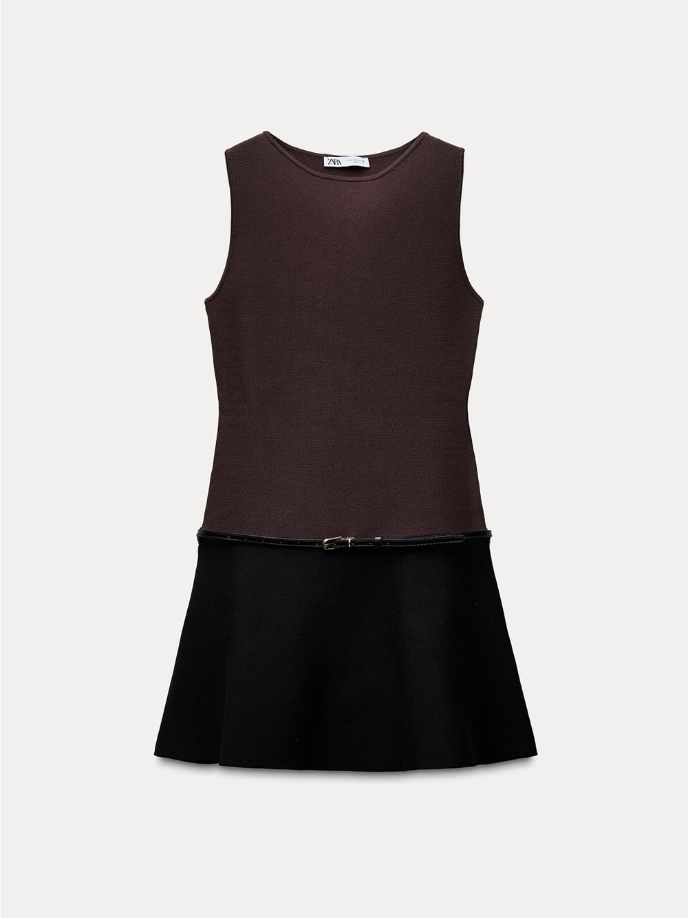 Zara Brown Sleeveless with Black Skirt belted Dress